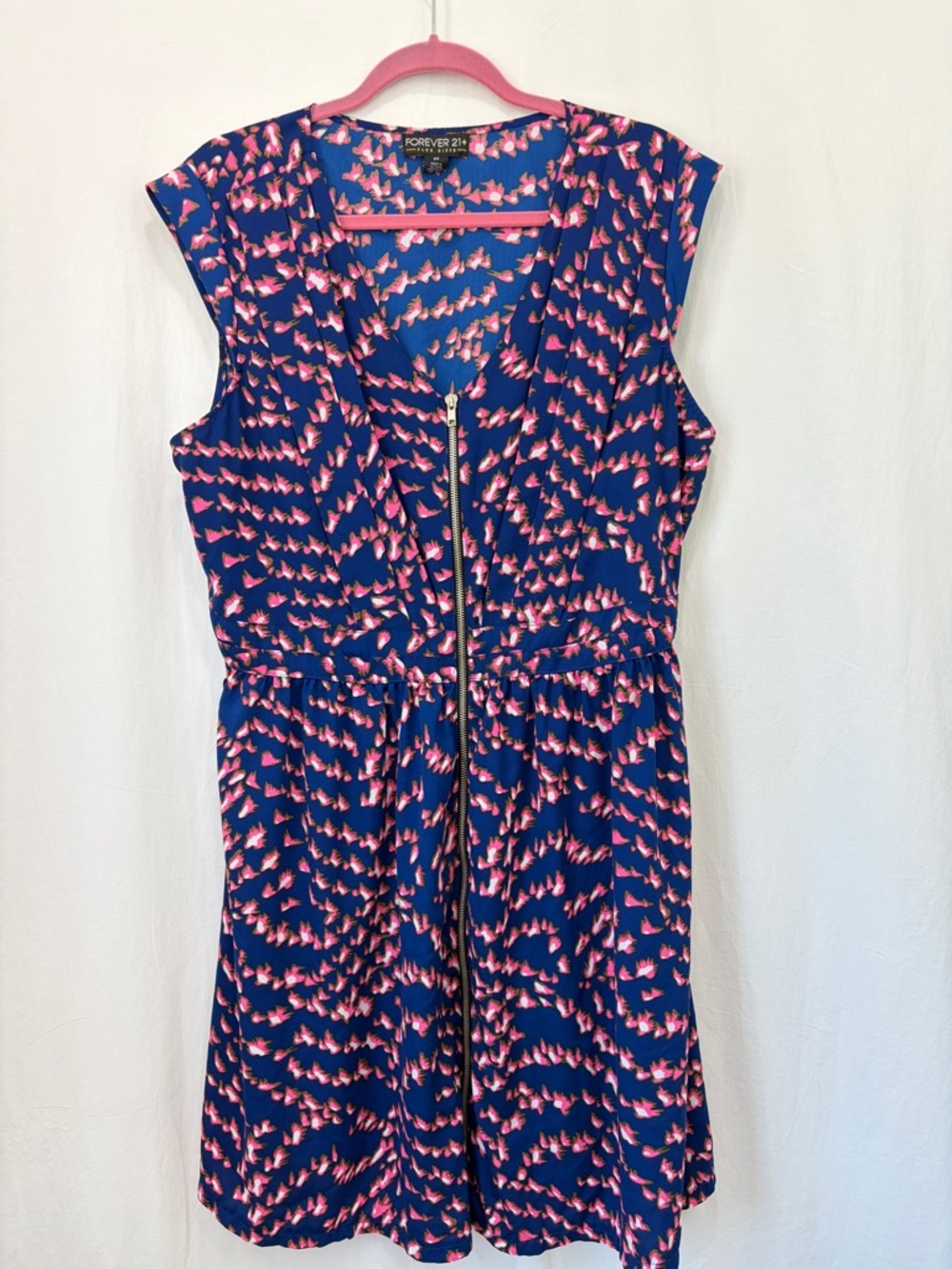 Forever 21 Blue Dress with Pink Abstract Motif and Front Zip size 2X